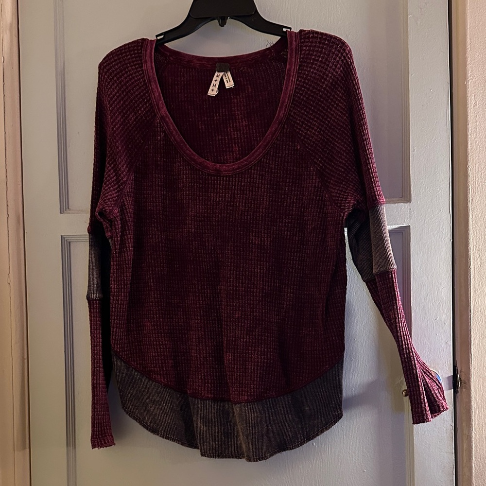 We the Free Burgundy and Gray Long Sleeve Top